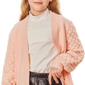 Girls Cardigan Long Open Front Pom Pom Knit Sweater with Pockets School Uniform